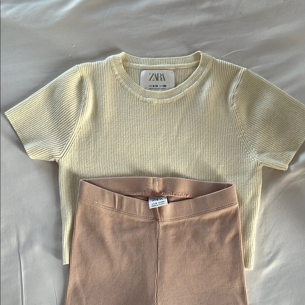 ZARA Cream Ribbed Top and light pink biker shorts Pants Set
